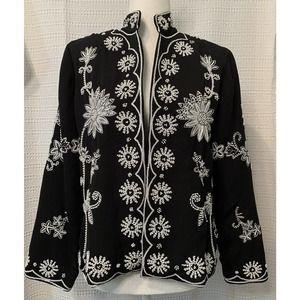 Womens Draper's & Damons Petites Size PM Black Silky White Beaded Evening Blazer
